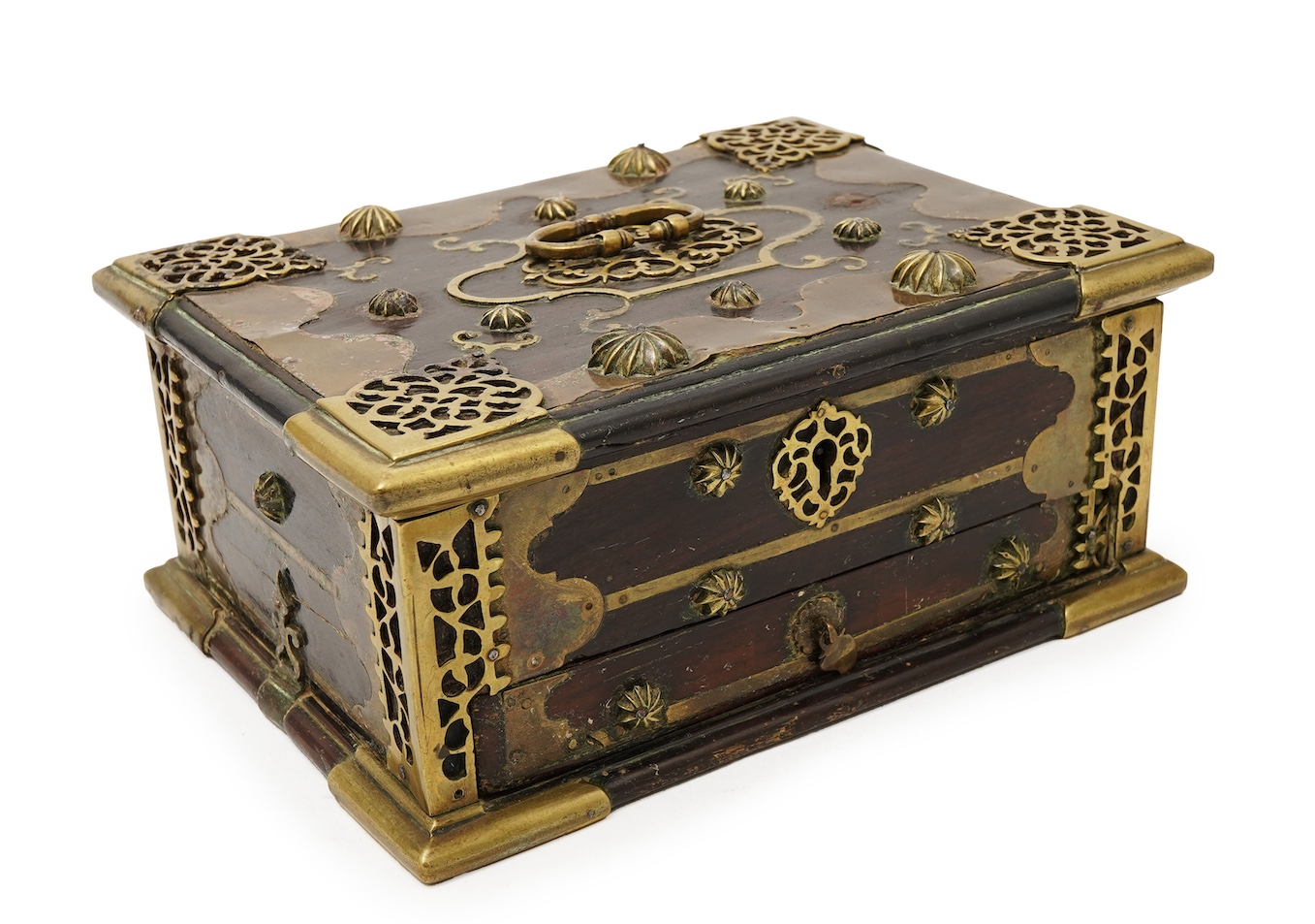 A Batavia or Ceylonese rosewood and brass mounted Betel nut box, 18th century